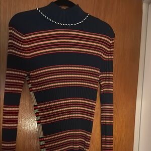 Tory Burch Blue and Red Ribbed Turtleneck Sweater